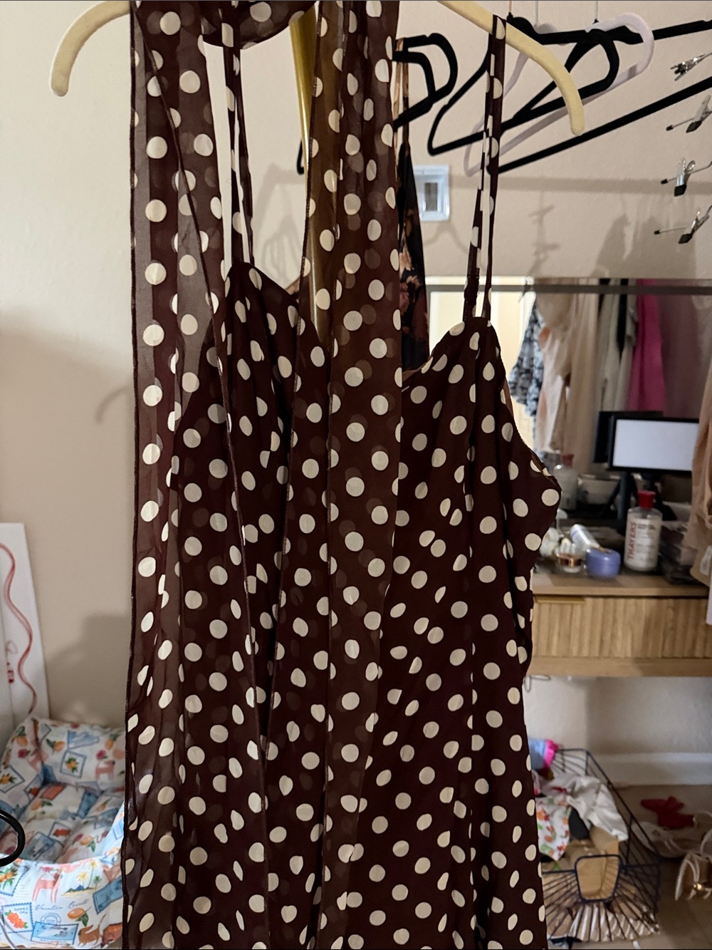 Cider Brown Slip Dress with Cream Polka Dots